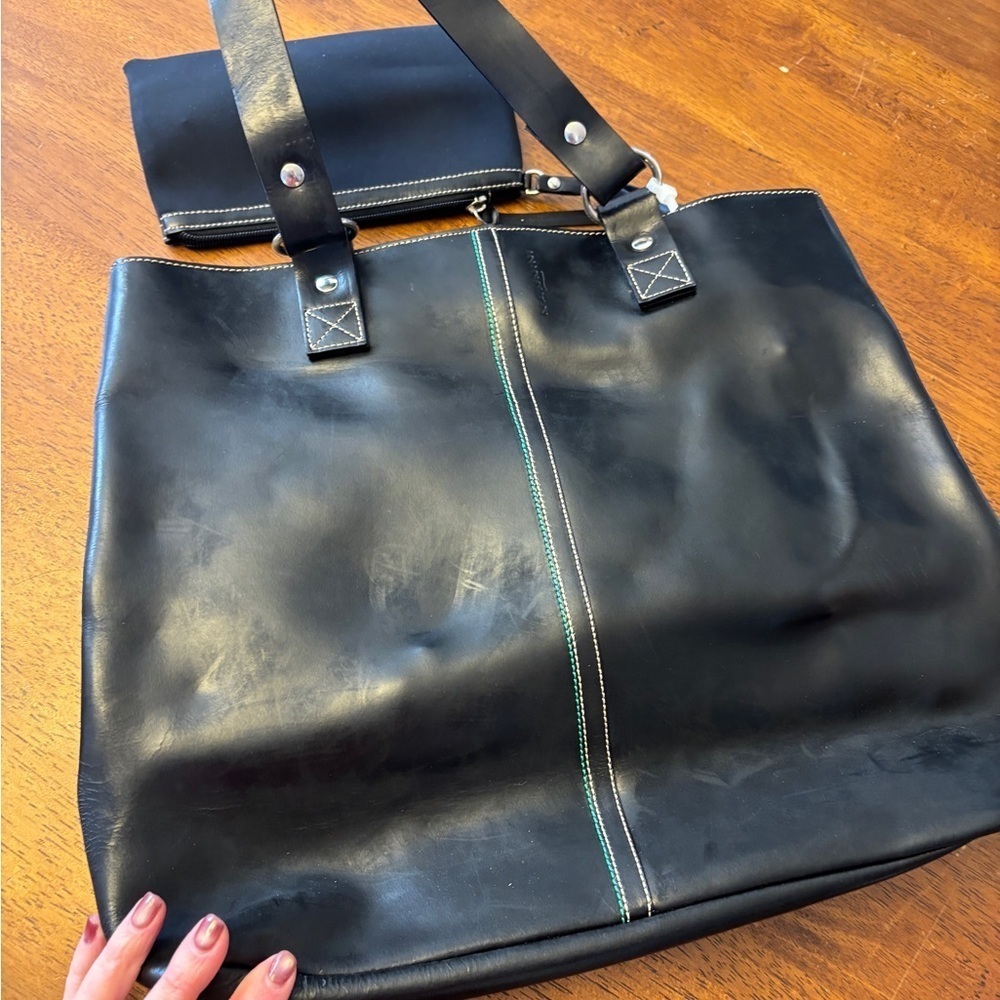 Nannini italian Black heavyweight Leather Tote Bag with green tan detail stich